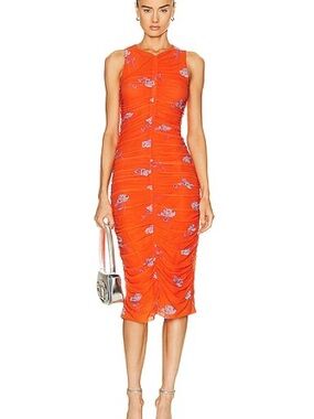 NWT Ganni Orange Ruched Mesh Midi Dress with Lavender Floral Motif